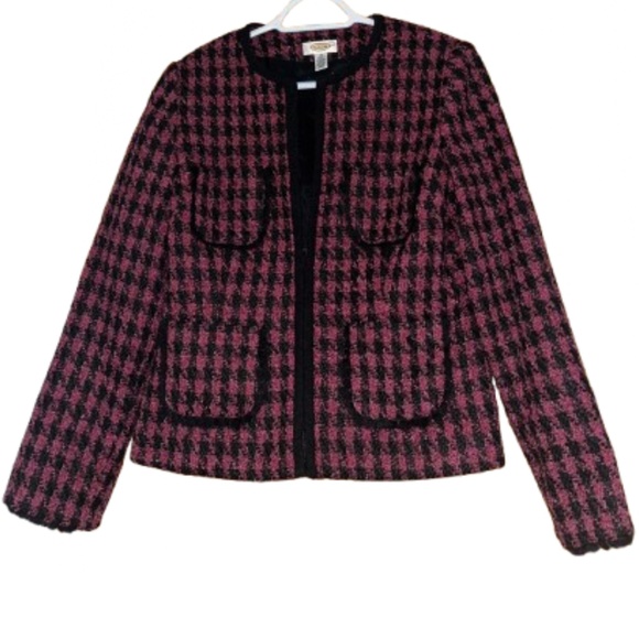 Talbots Jackets & Blazers - Talbots Women Black & Burgundy Tweed Full Zip w/ Fringe Trim Blazer Jacket Sz-10